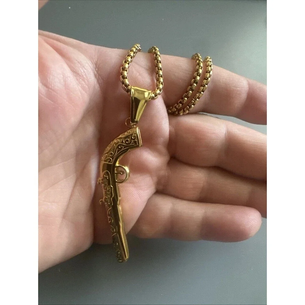 Stainless Steel Pendant Gun Rifle Hunter Hunting 24 Inch Box Chain Gold Plated